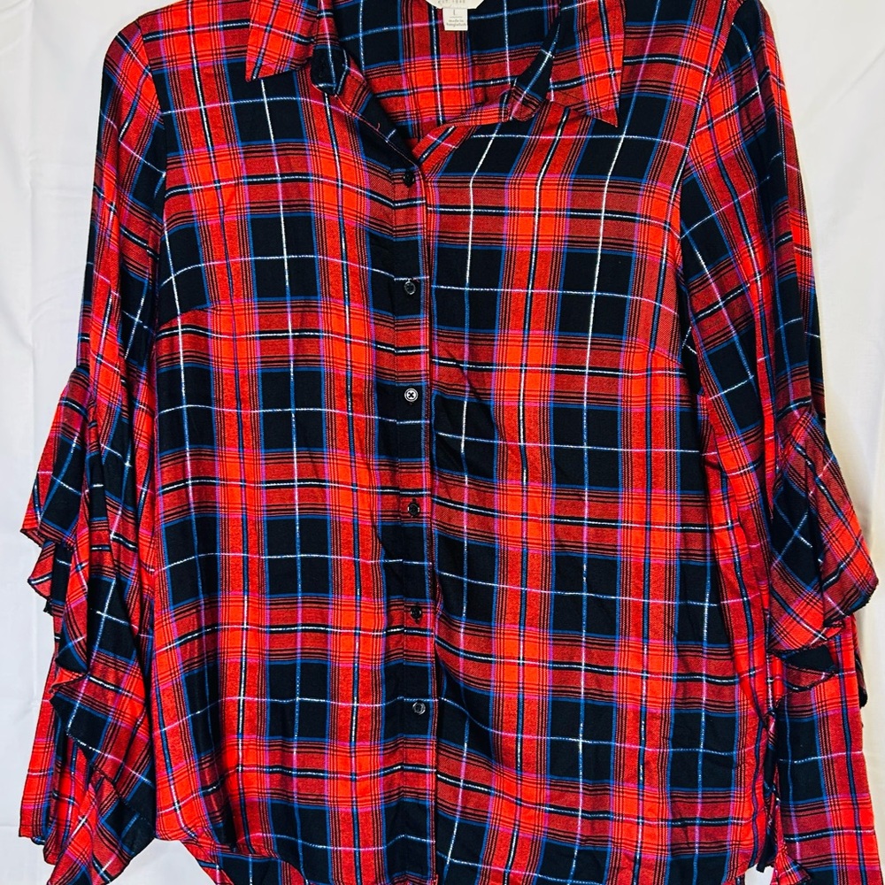 Plaid Button-Up Blouse - Red and Black